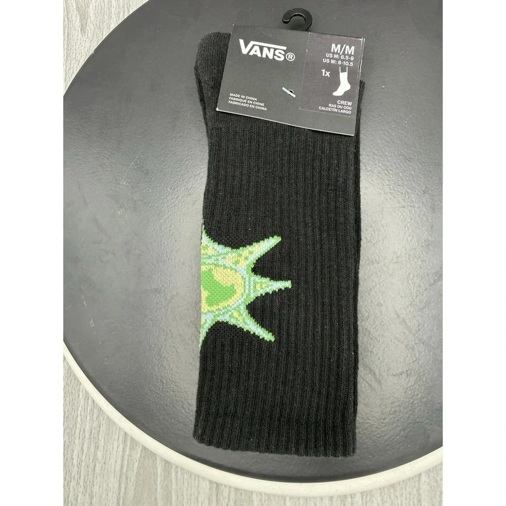 Vans Black Crew Socks Unisex Sz Medium Men 6.5-9 Women 8-10.5 Green Sun Graphic‎