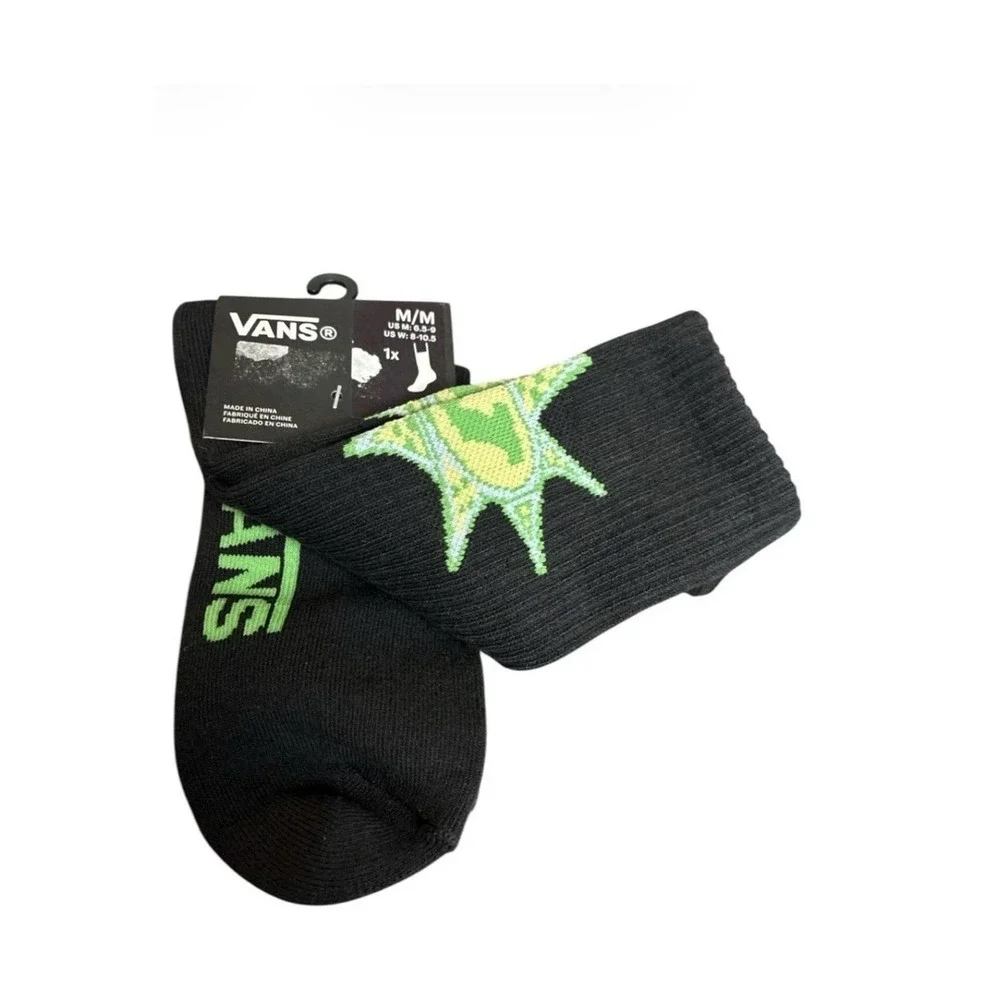 Vans Black Crew Socks Unisex Sz Medium Men 6.5-9 Women 8-10.5 Green Sun Graphic‎