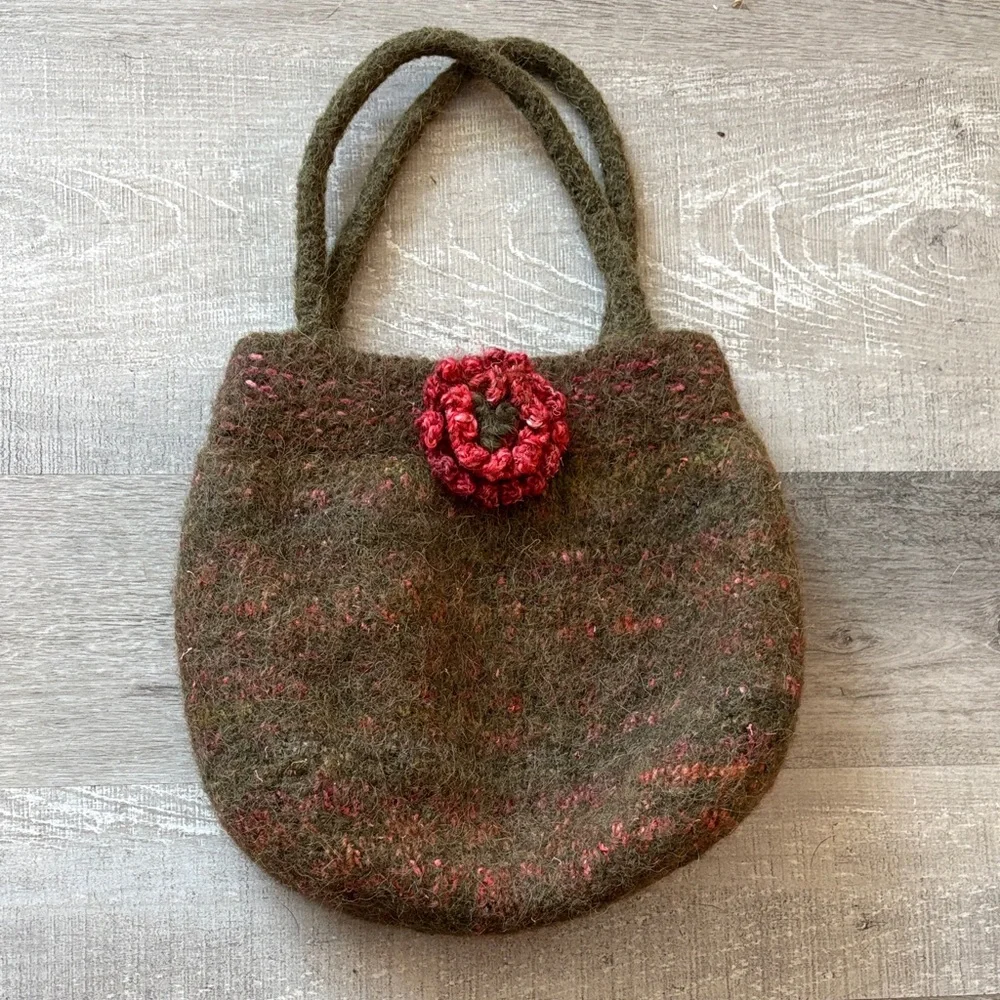 Handcrafted Olive Green and Red Felted Wool‎ Handbag