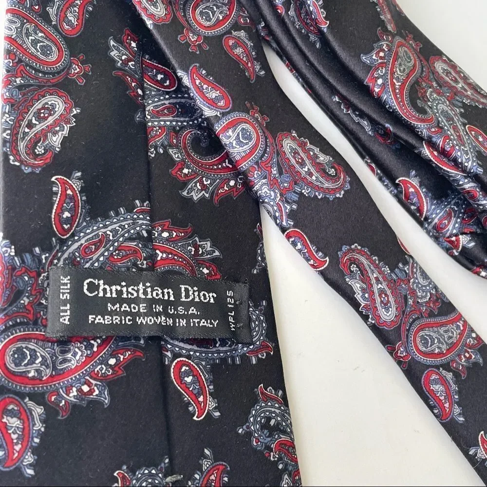 Vtg. Christian Dior Black Red Silk Paisley Tie