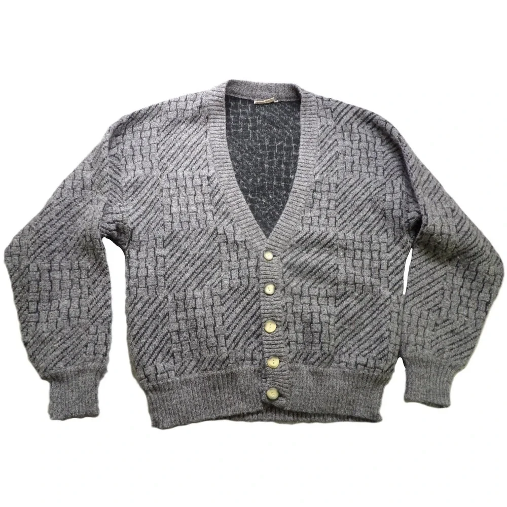 VTG 90s Clochard Men Cardigan Gray Wool Blend Geometric Woven V-Neck Sweater L/G