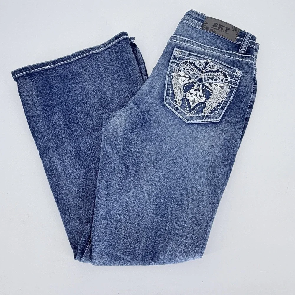 SKY‎ Premium Collection Supersoft Flare Jeans Womens 11/12 Blue Rhinestone Cross
