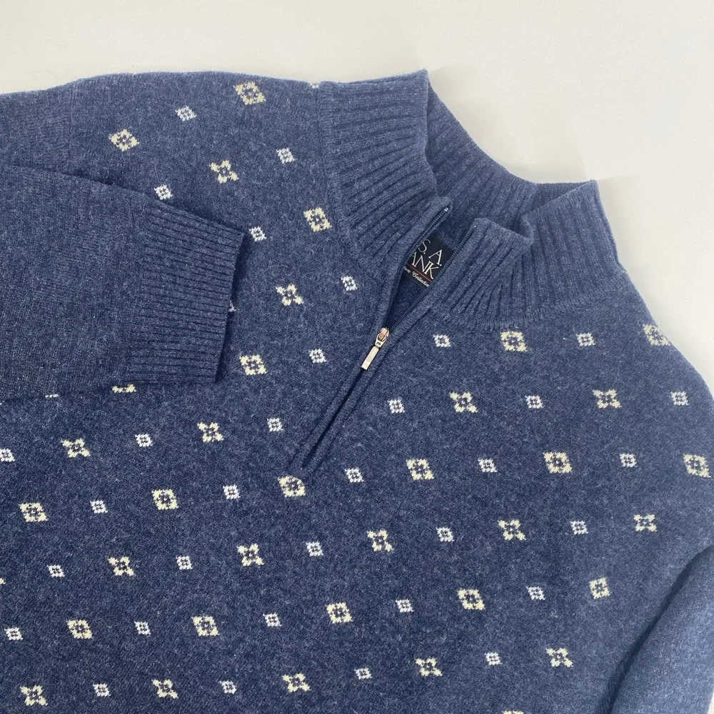 Jos. A. Bank Sweater Mens XXL Blue Lambswool Quarter 1/4 Zip Diamond Geometric
