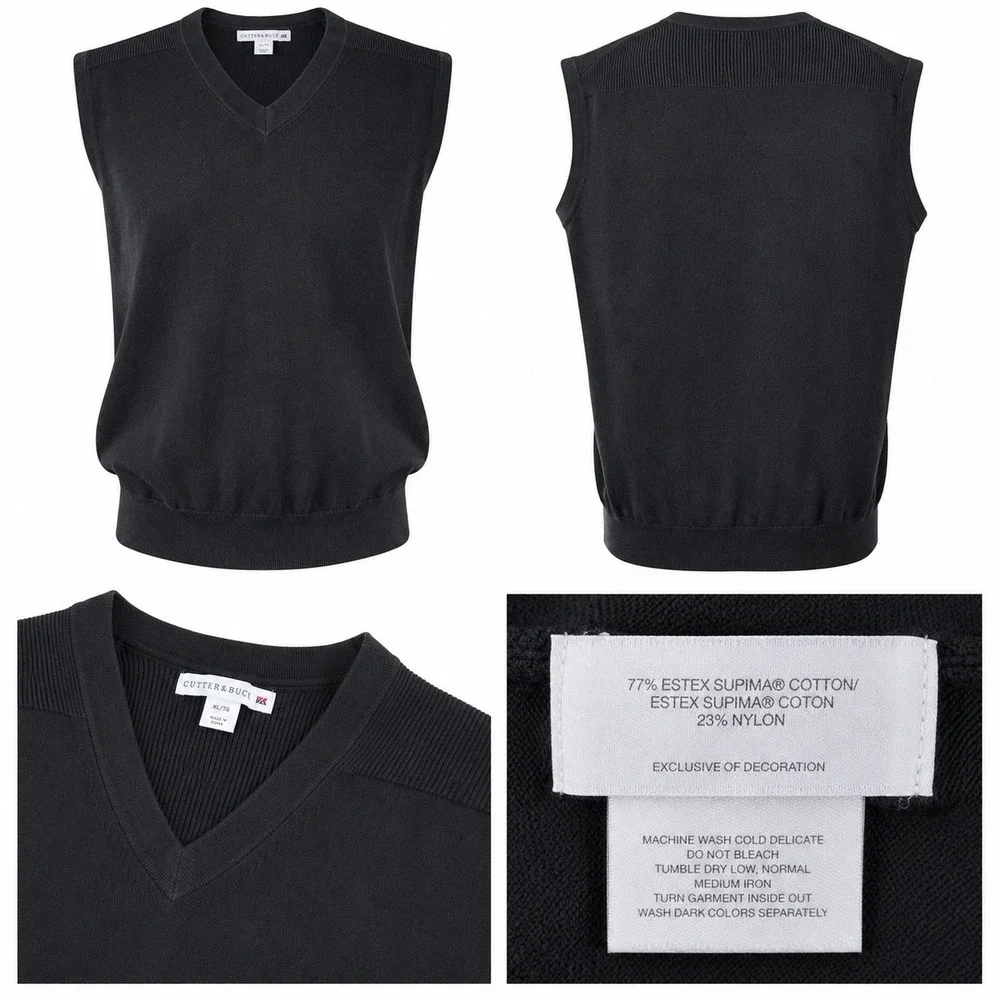 Cutter &‎ Buck Mens XL Black Supima Cotton V-Neck Sweater Vest Golf Business