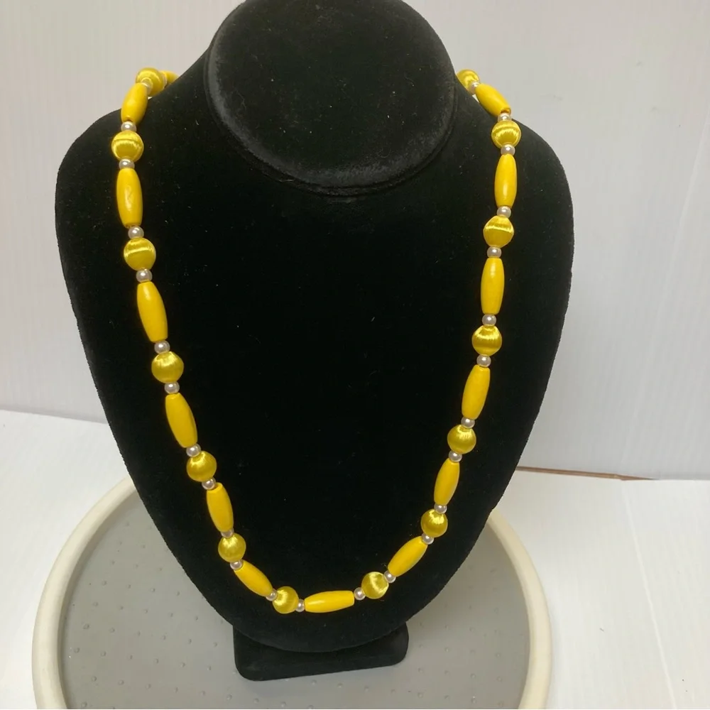 SATIN Beads Vintage Yellow Wood Oblong Beads Faux Mini Pearl Beads 26 in