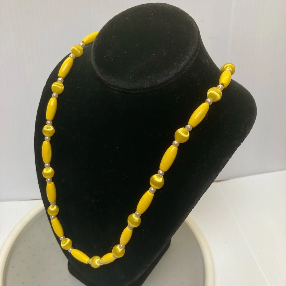 SATIN Beads Vintage Yellow Wood Oblong Beads Faux Mini Pearl Beads 26 in