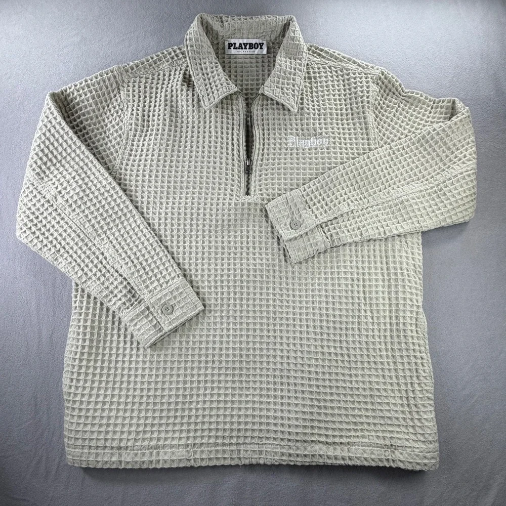 Playboy PacSun Pullover Mens M Waffle Knit 1/4 Zip‎ Logo Beige