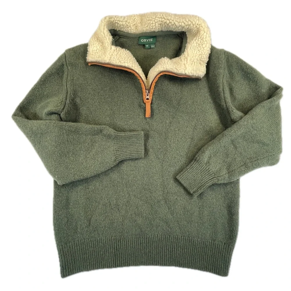 Orvis Quarter Zip Sherpa Collar Lambswool Sweater Size M Green Leather Trim Fall
