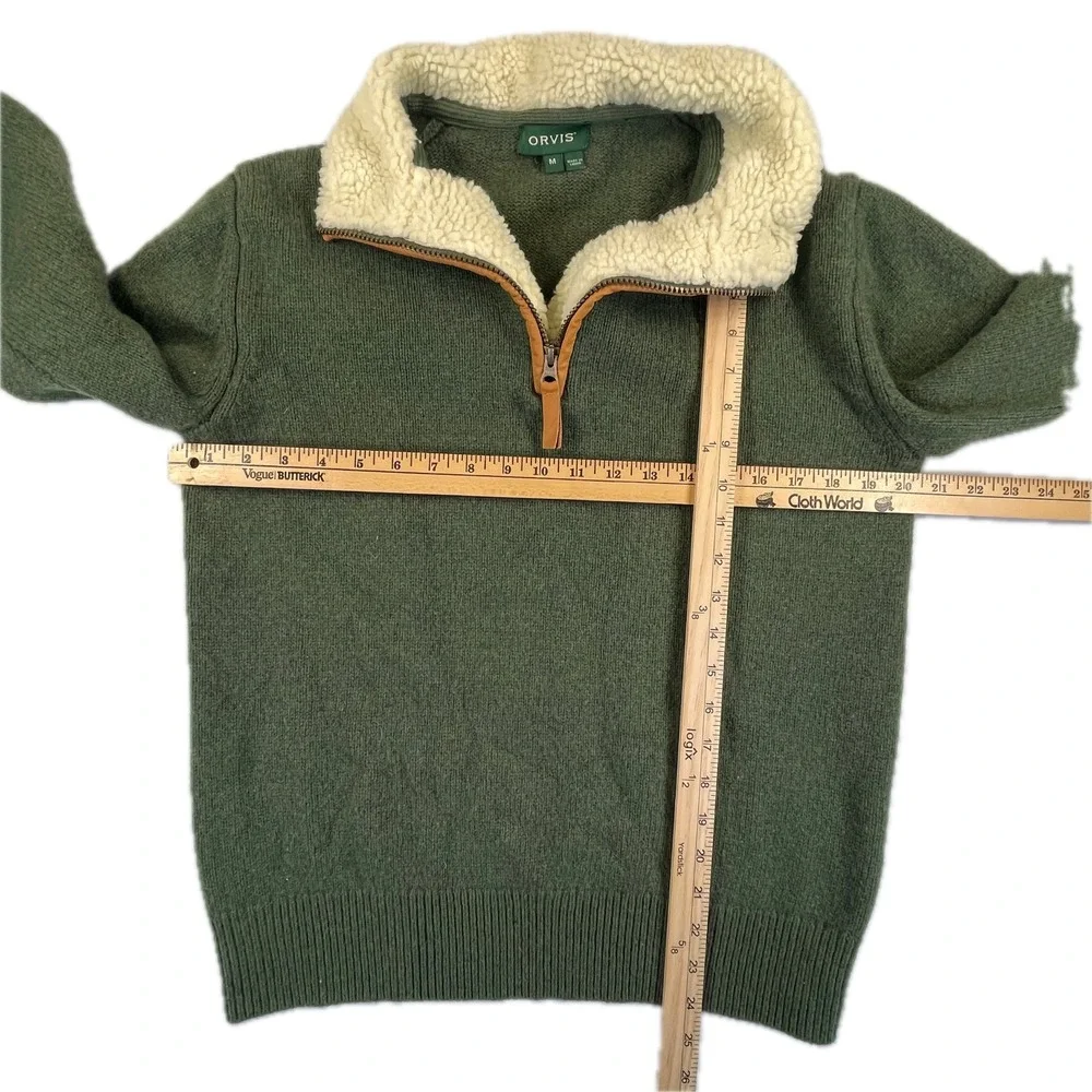 Orvis Quarter Zip Sherpa Collar Lambswool Sweater Size M Green Leather Trim Fall