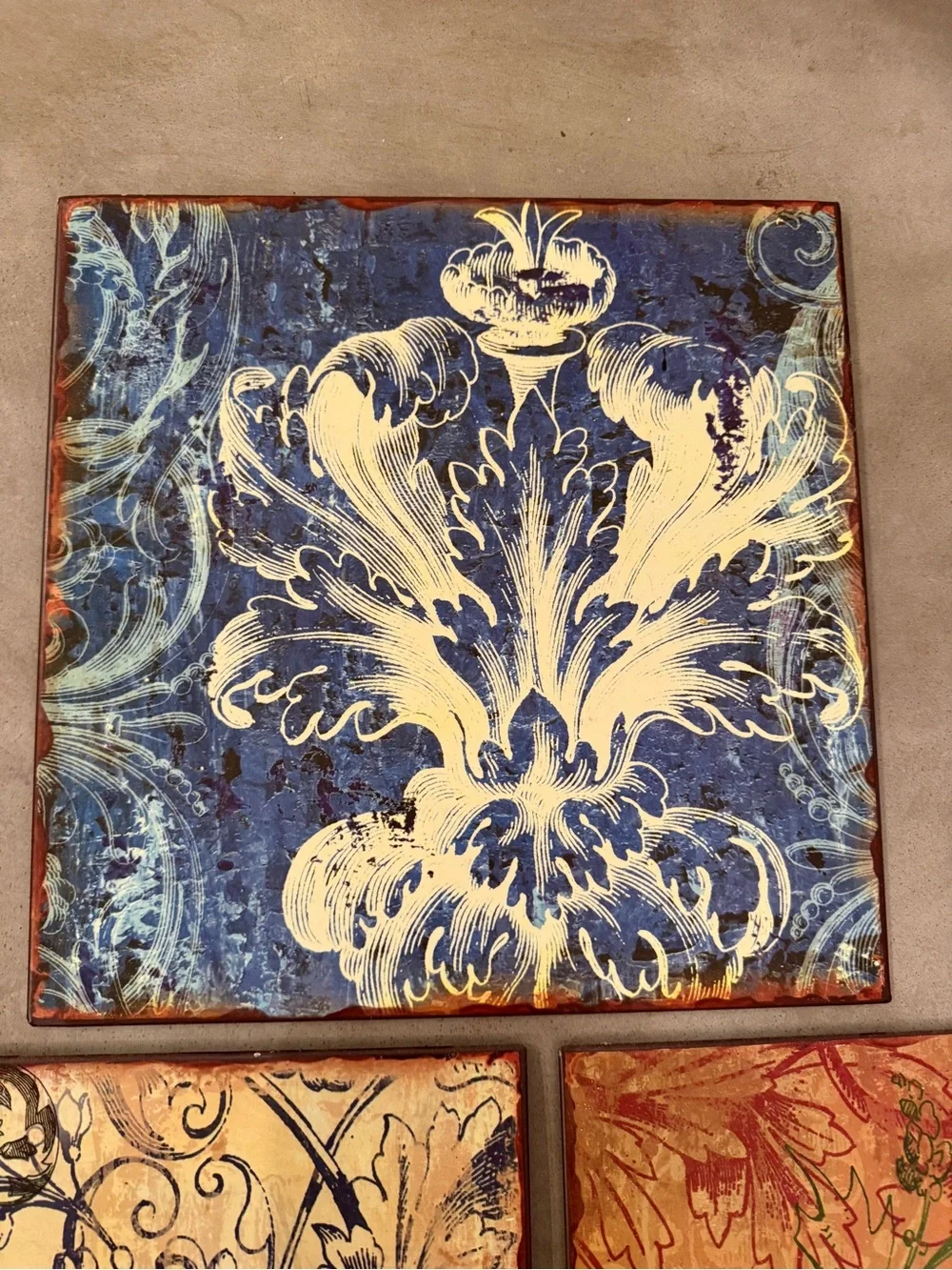 Set of 3 Decorative Floral Wall Tiles - Blue, Cream & Coral