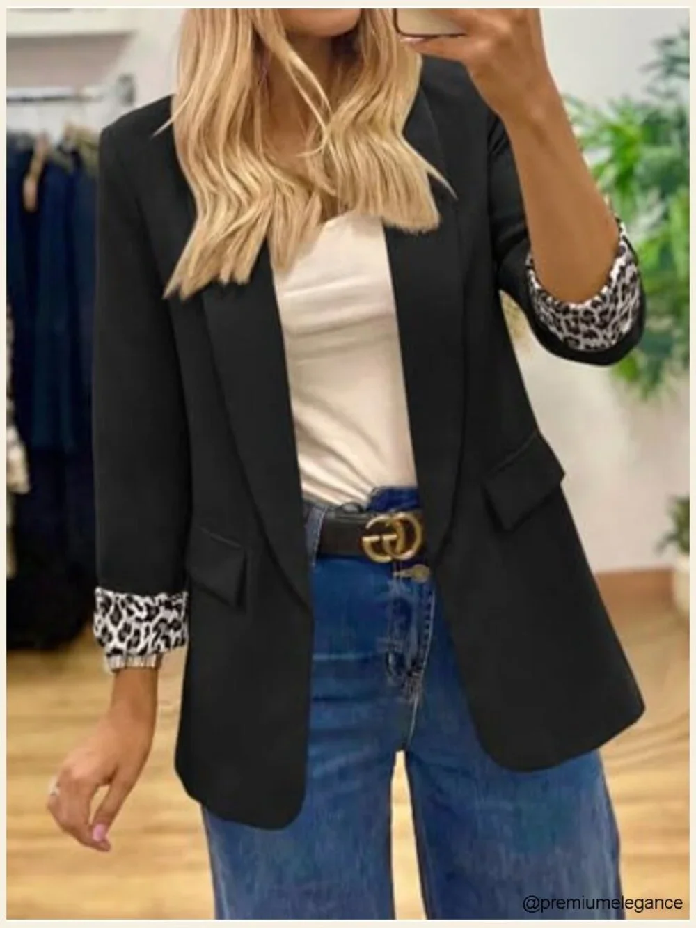 Shawl Collar Leopard Lined Open Blazer Lightweight Office Suit Jacket