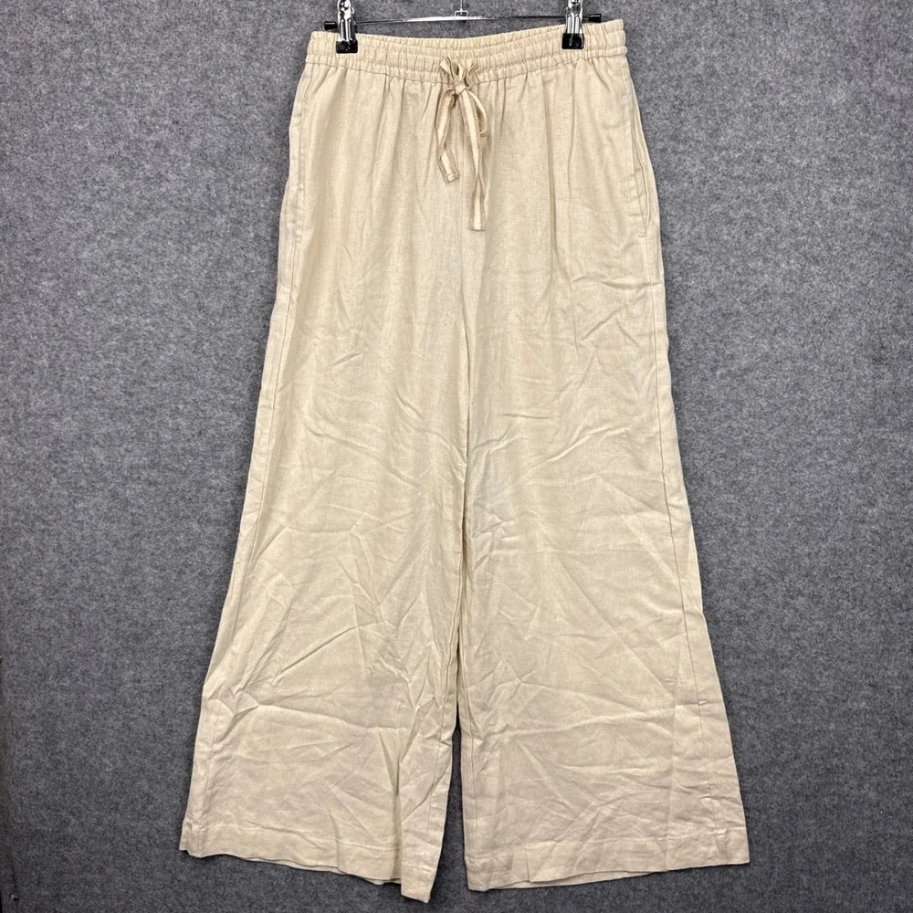 Max‎ Studio London Natural Linen Blend Wide Leg Drawstring Pants 4701L2605 Small