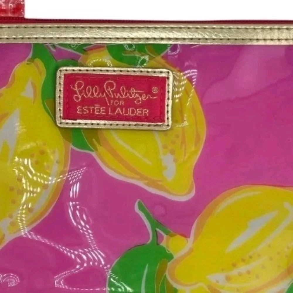 Lilly Pulitzer Estee Lauder makeup‎ bag Lipstick Flowers Pink/Green Lemons