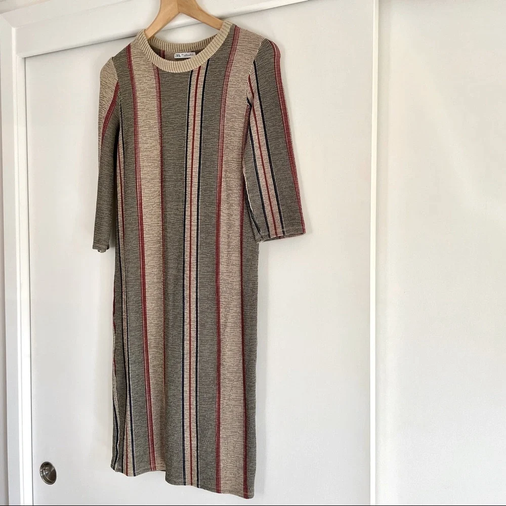 ZARA Striped Midi Dress Cream‎ Red Navy Stretchy Knit Elbow Sleeve Small