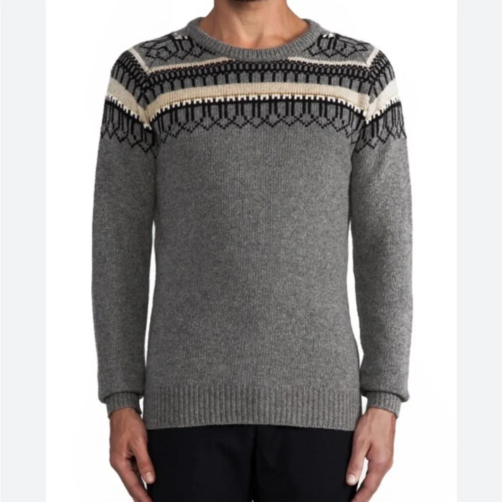 J.Lindeberg Grey Fair Isle Jacquard Lambswool Blend Crewneck Sweater Mens M