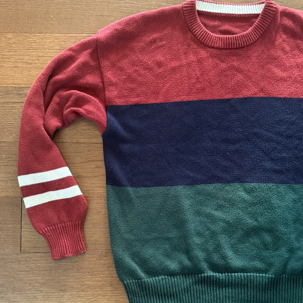 Vintage Men's Colorblock Crewneck Sweater - Red, Navy & Green w/ White Stripes