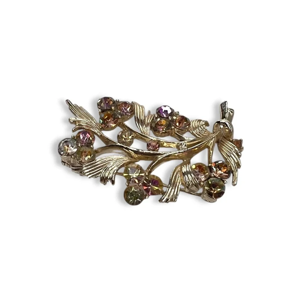 Vintage Lisner Brooch AB Stones Flower Bouquet Gold Tone Signed 50s 60s‎ Cottage