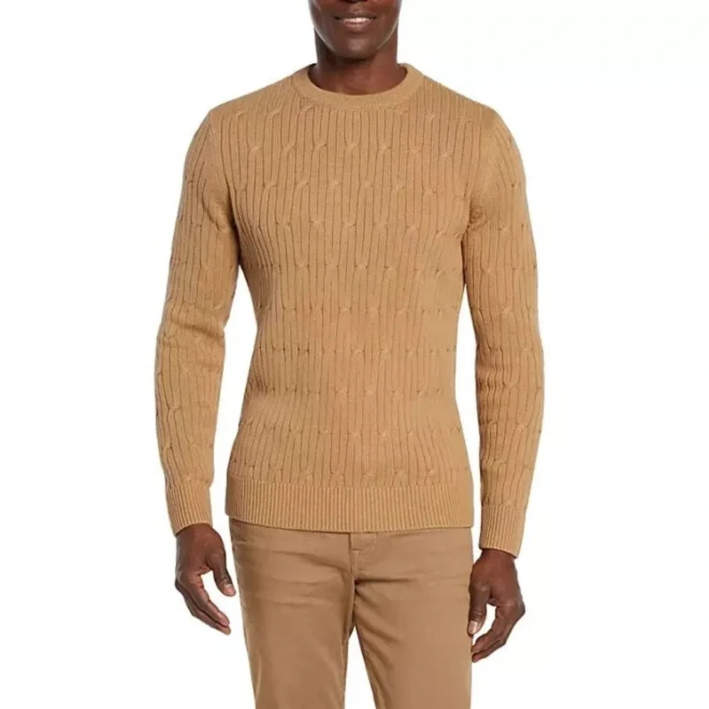 Express Mens Cable Knit Sweater XL Pecan Brown Cotton Crew Neck Pullover
