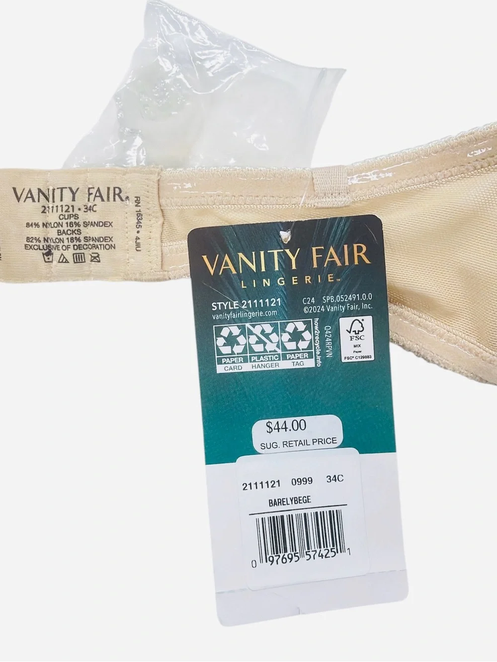 Vanity Fair Women's Gel Touch Padded Strapless Push Up Bra Beige Size 34C