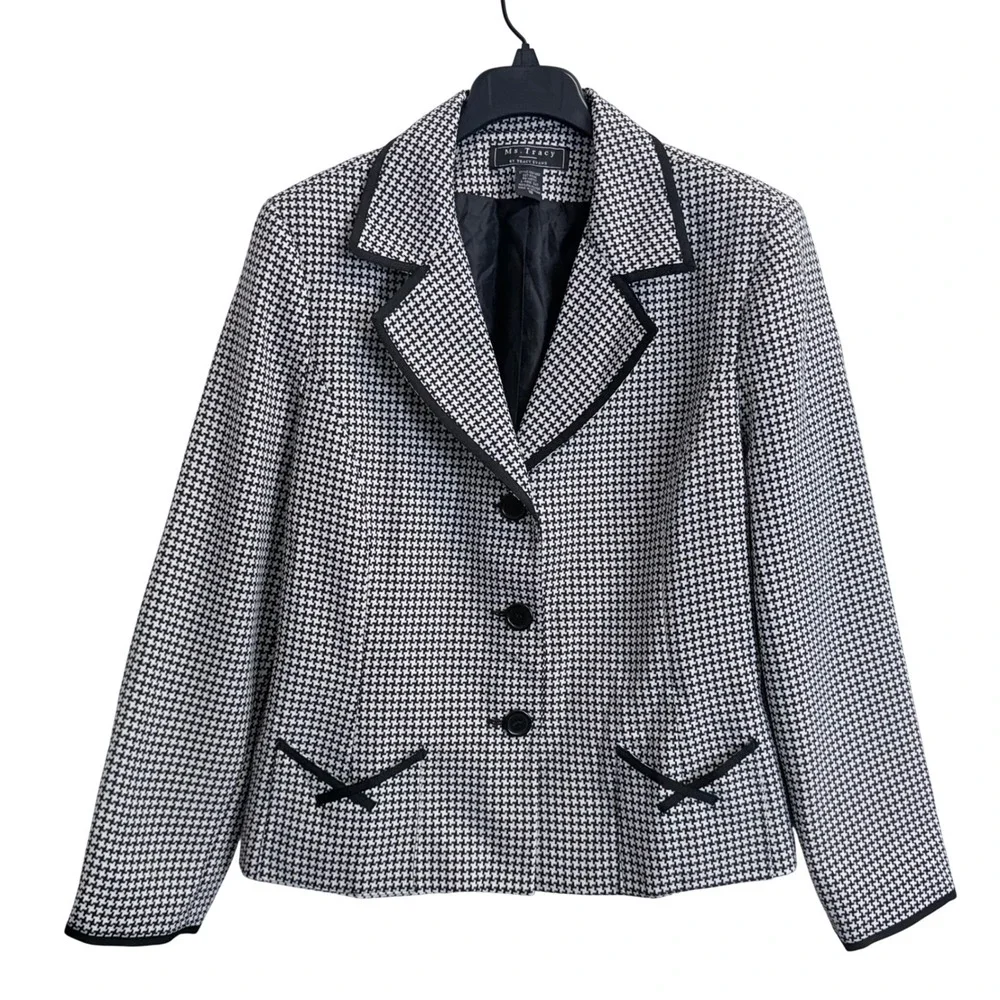Ms. Tracy Tracy Evans Houndstooth Blazer Black White Trim Bows Size 18 Pockets