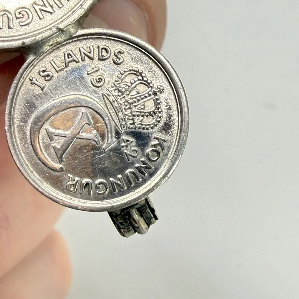 Vintage 1942 Iceland Coin Brooch Christian X Konungur Islands‎ 25 10 Aurar Pin