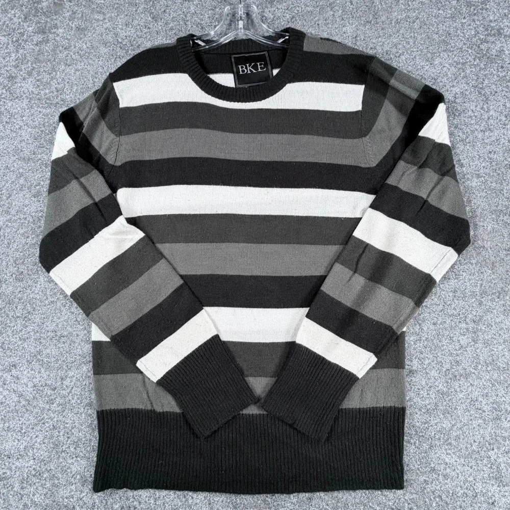 BKE Pullover Sweater‎ Mens L Black Gray White Striped Classic Office Wear Preppy