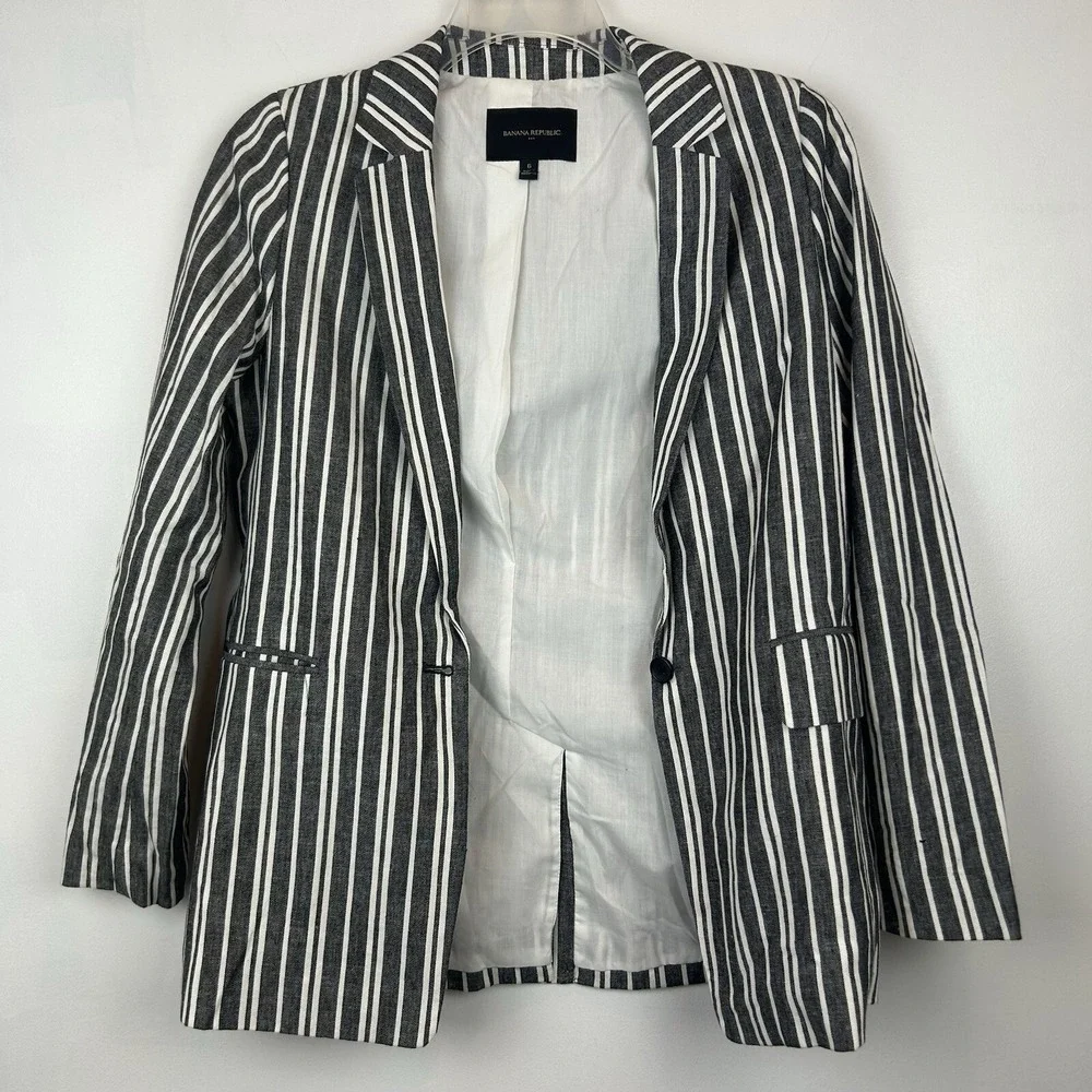 Banana Republic Linen Blazer Womens 6 Jacket Striped Nautical Preppy Beachy