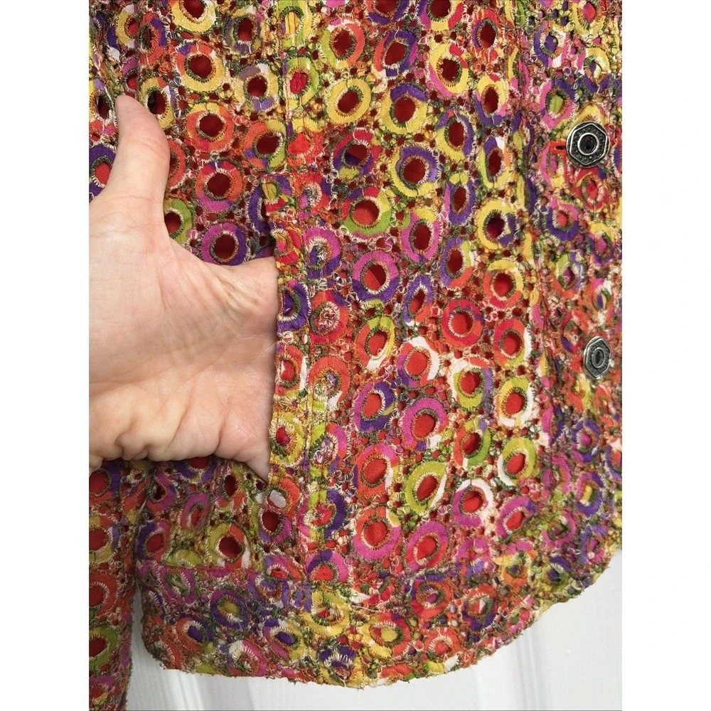 Chico's Embroidered Eyelet Trucker Jacket Womens Size 1 M Multicolor Cotton Boho