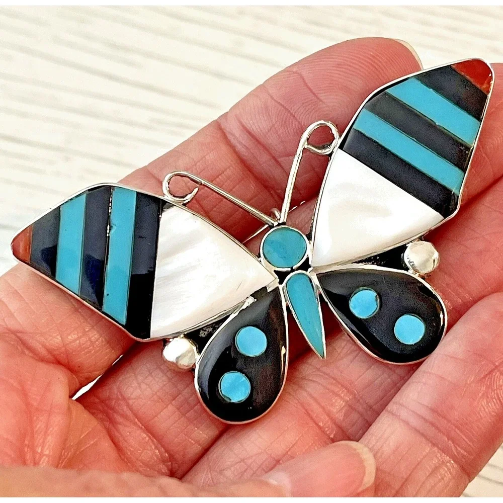 Zuni Butterfly Pendant Turquoise Inlay BIG Bug Brooch Sterling Signed Native‎