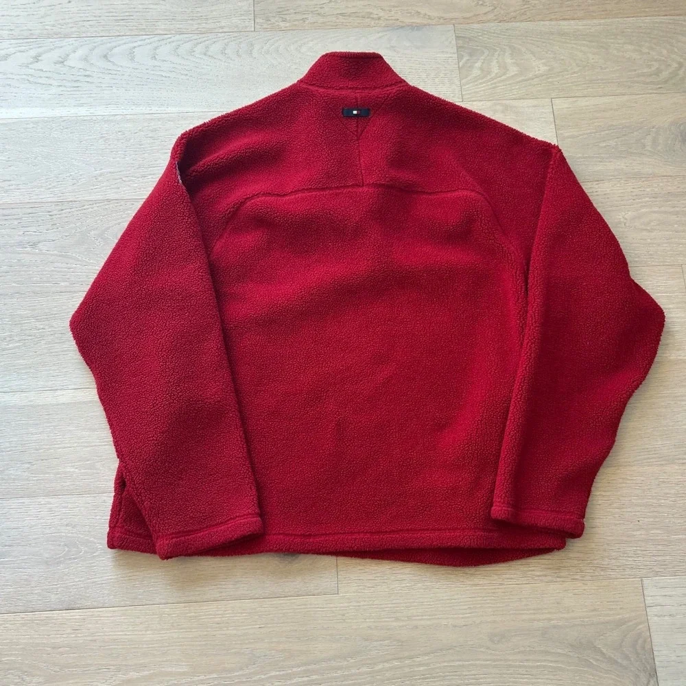 Tommy Jeans Mens XXL Red Quarter Zip Sherpa Fleece Pullover Elbow Patches 0677