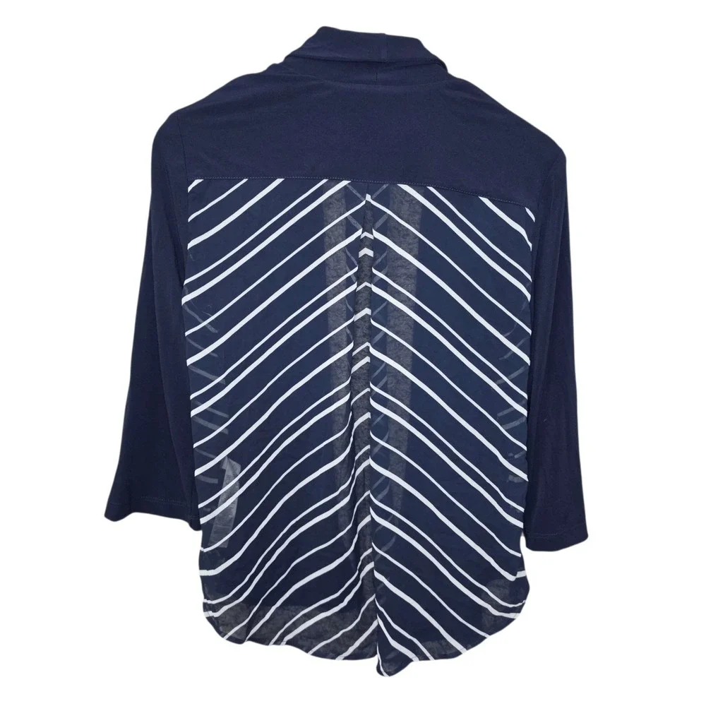 Chicos Cardigan Womens Size 1 Medium Navy Blue Chevron Print Back Open Front Top