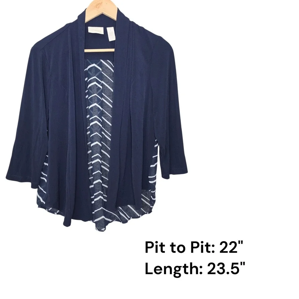 Chicos Cardigan Womens Size 1 Medium Navy Blue Chevron Print Back Open Front Top