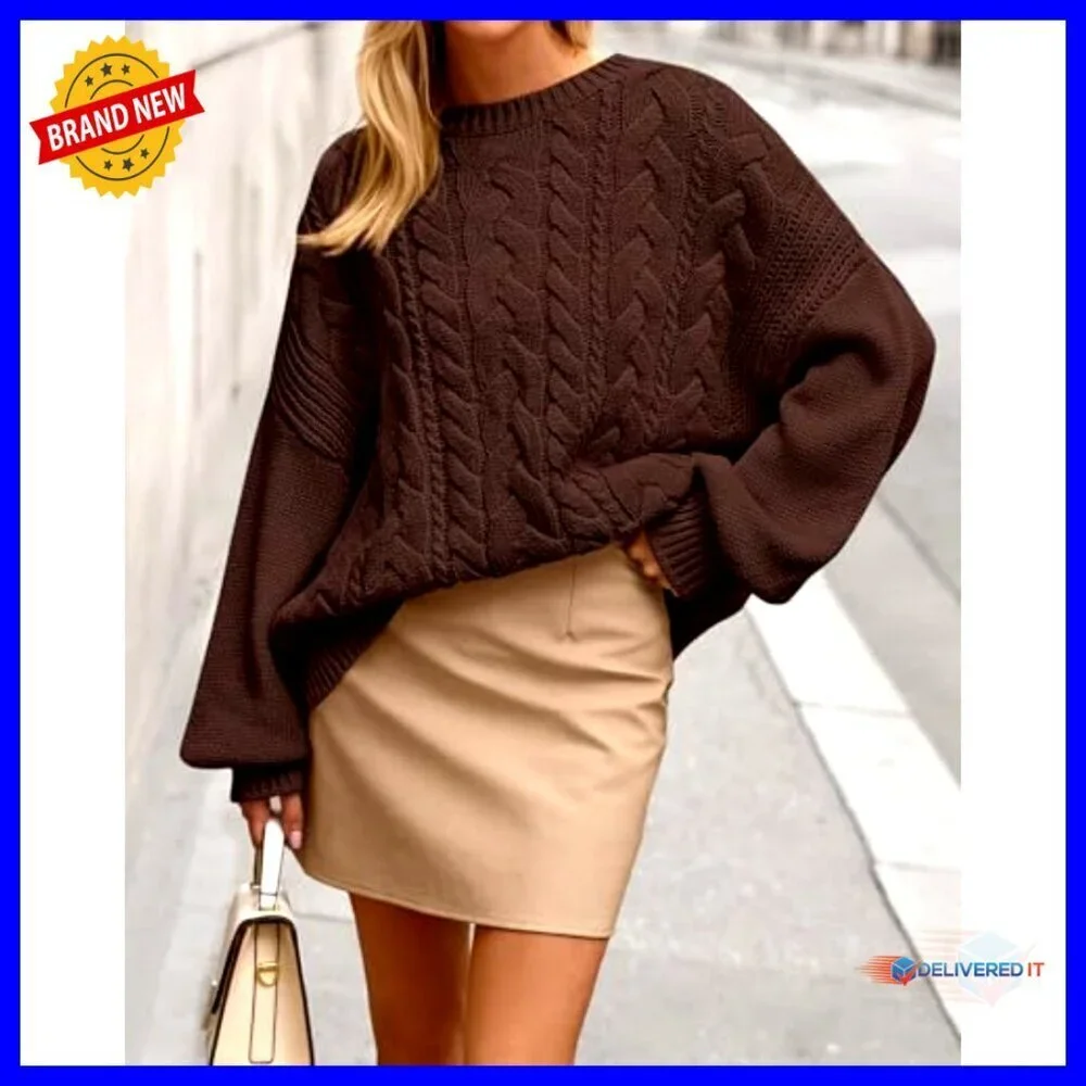 Oversized Cable Knit Pullover Chunky Sweater Batwing Sleeve Crewneck Fall Winter