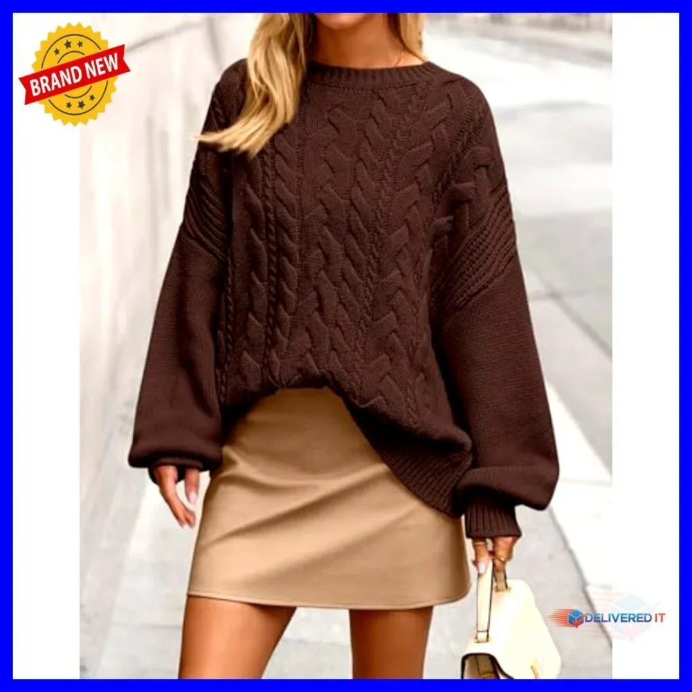 Oversized Cable Knit Pullover Chunky Sweater Batwing Sleeve Crewneck Fall Winter