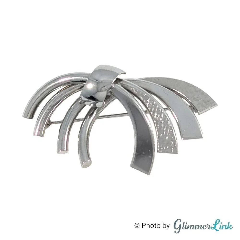 Vintage Modernist Bow Ribbon Arched Silver Tone Brooch Pin