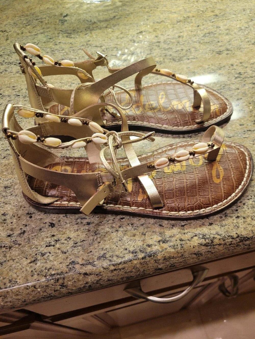 Sam Edelman Metallic Gold Beaded T-Strap Gladiator Sandals