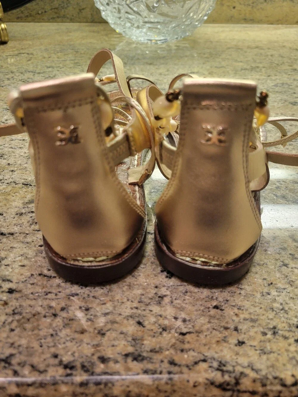 Sam Edelman Metallic Gold Beaded T-Strap Gladiator Sandals