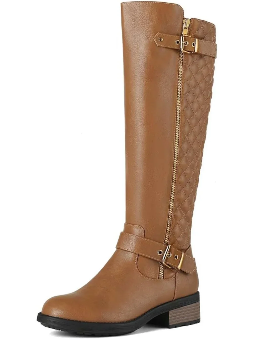 Women's Camel Comfortable Chunky Block Heel Round Toe Side Zipper Knee High Boot