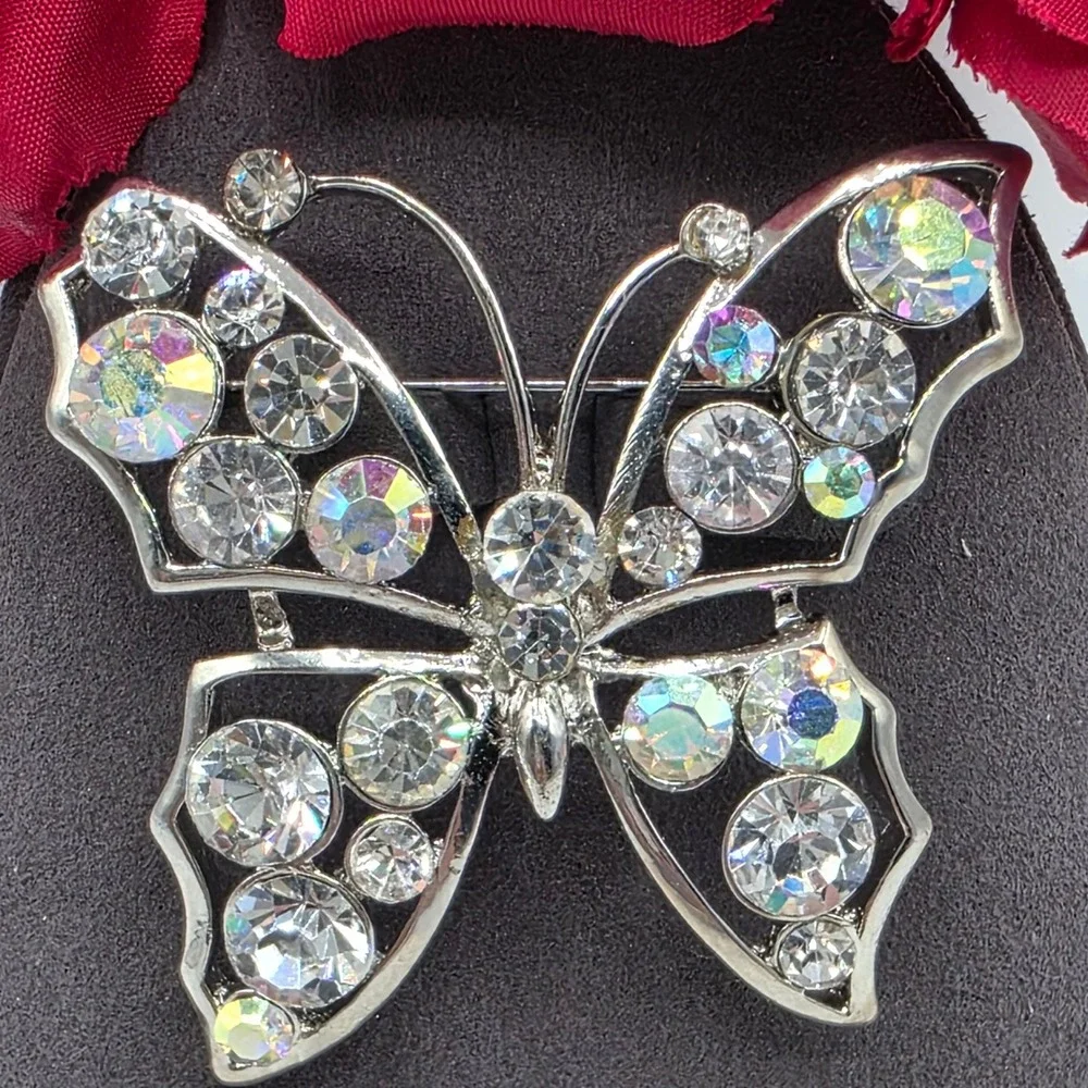 Silver Tone Butterfly Brooch Clear‎ Aurora Borealis Rhinestone Crystal Pin Glam