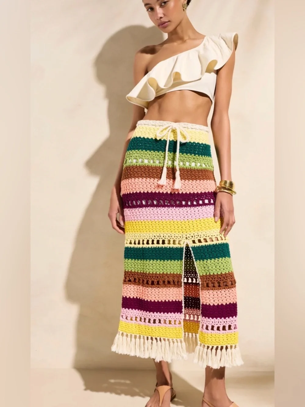 Marie Oliver Multicolor Crochet Maxi Skirt with Fringe