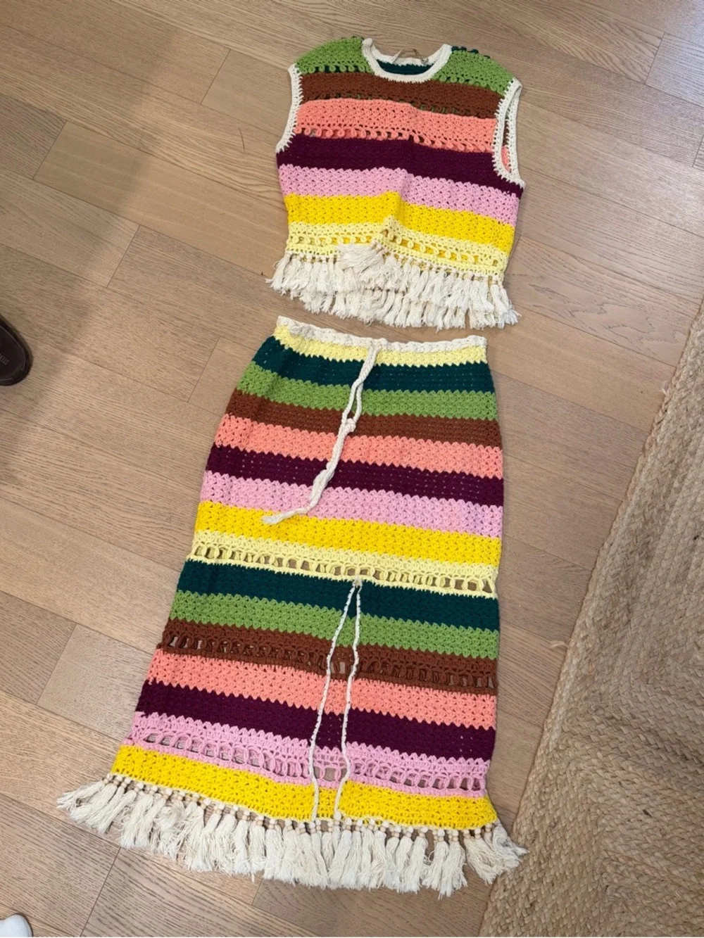 Marie Oliver Multicolor Crochet Maxi Skirt with Fringe
