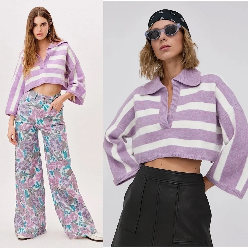 NWT LOVE LEMONS 90s Lavender Stripe V-Neck Oversized Soft Knit Cropped Sweater L