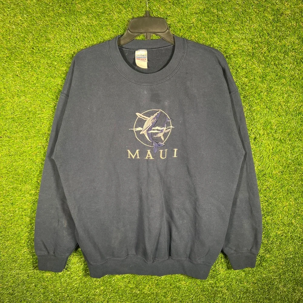 Vintage Gildan Maui Whale Embroidered Navy Blue‎ Crewneck Sweatshirt Large 2000s
