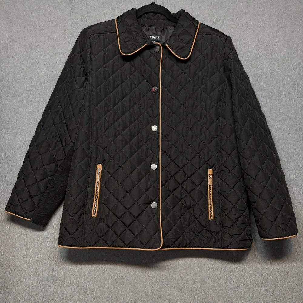 Jones New York Quilted Jacket Tan Trim PXL Black Diamond Stitch Minimalist Chic