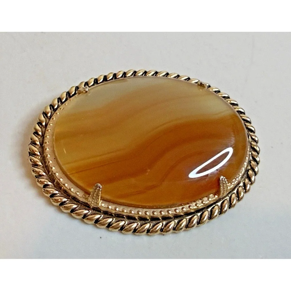 Vintage Orange Banded Agate Twisted Rope Oval Large Brooch Pin Retro‎ Silver