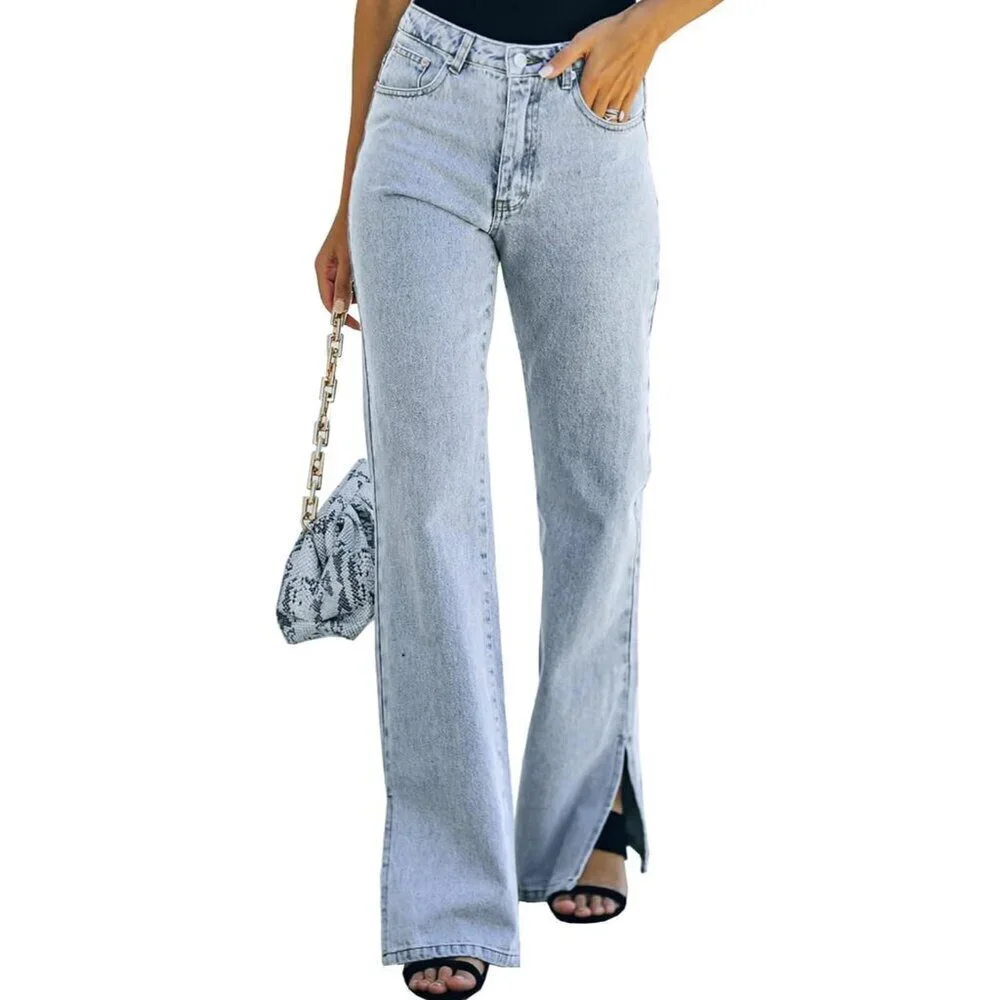 Women's Ripped High Waist Flared Wide Leg Denim Jeans Casual Trendy