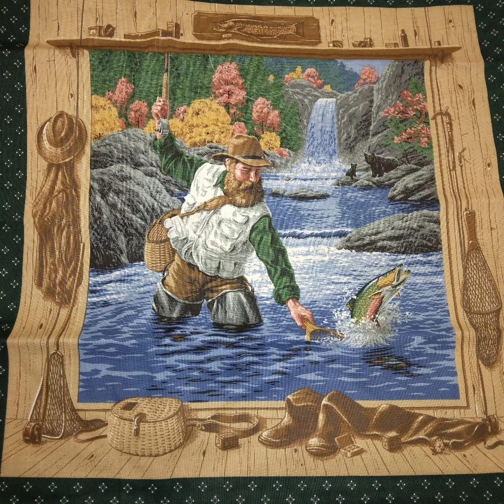 FABRIC PILLOW PANELS with border, fishing scenes by Joan Messmore