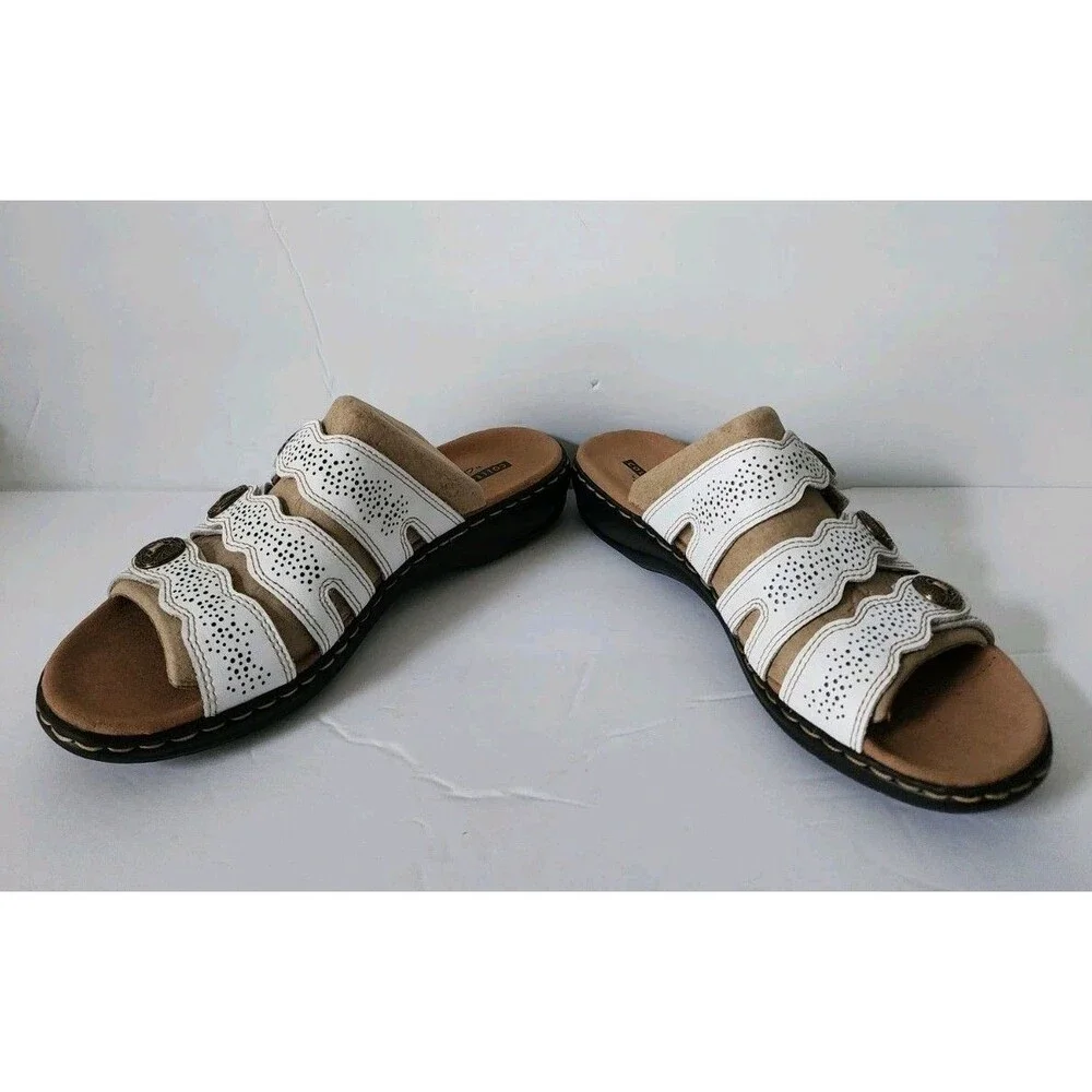 New Clarks Collection Women’s Leather Slide Sandals Leisa Grace White Size 8