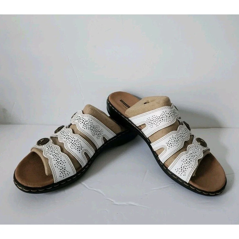 New Clarks Collection Women’s Leather Slide Sandals Leisa Grace White Size 8