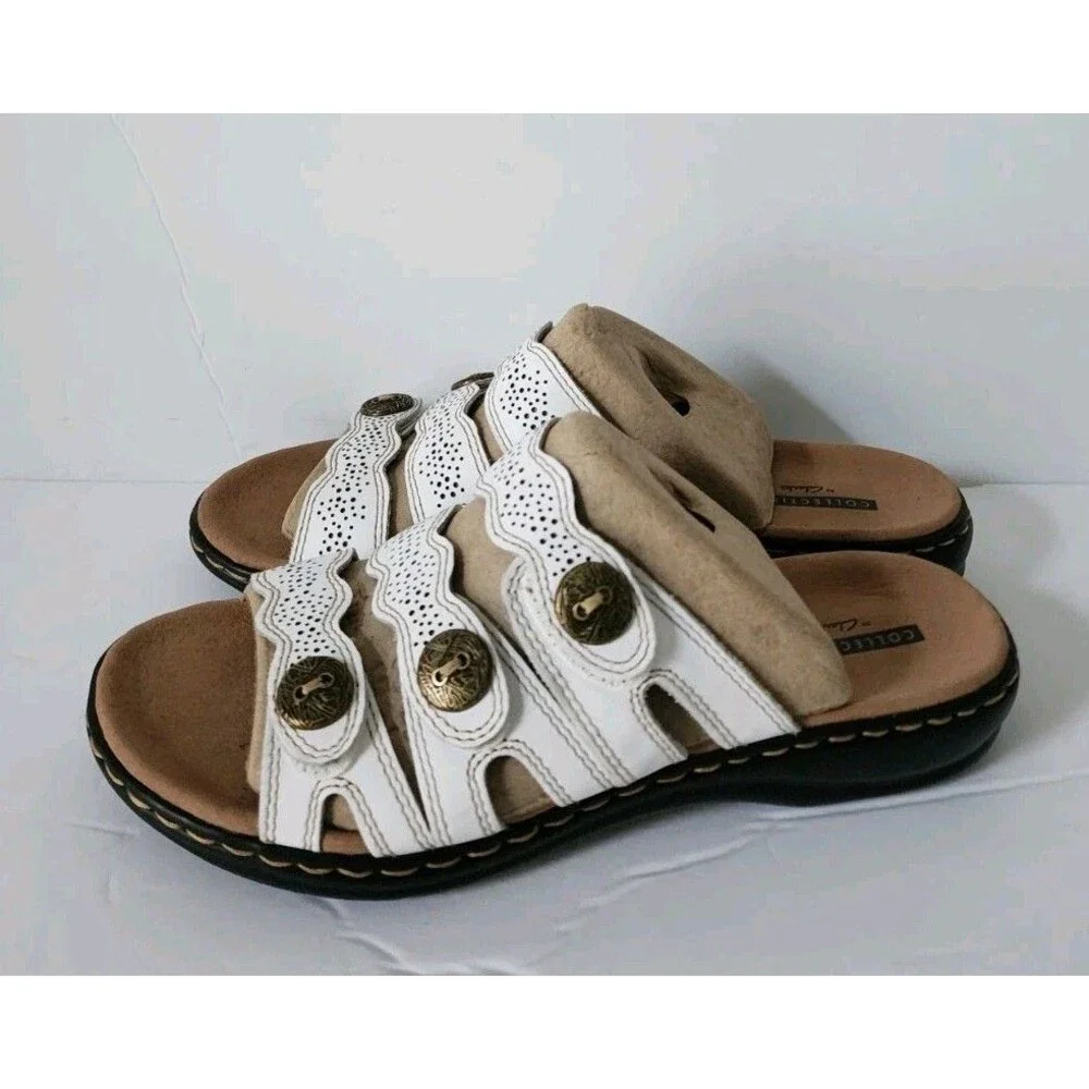 New Clarks Collection Women’s Leather Slide Sandals Leisa Grace White Size 8